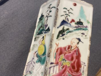A hexagonal Chinese famille rose brush pot with figurative panels, Yongzheng